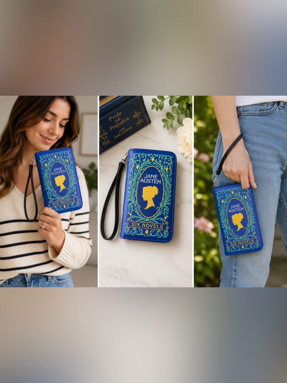 Jane Austen Six Novels Book Style Zip Around Wallet Wristlet Blue